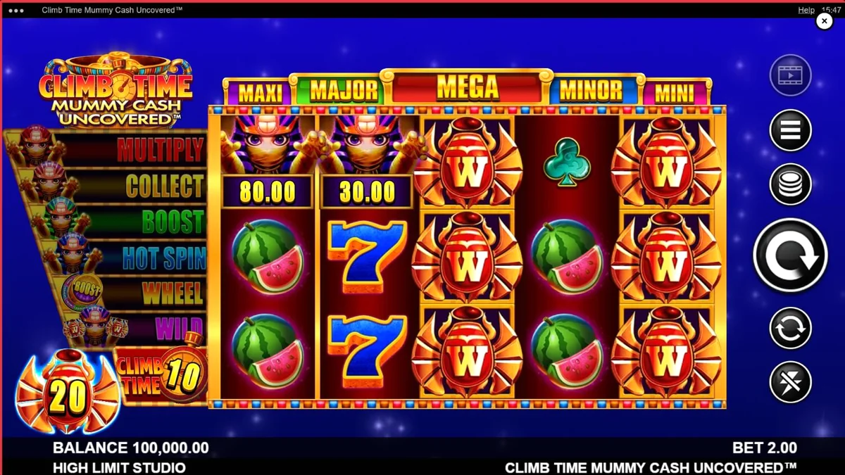Tampilan visual slot Climb Time Mummy Cash Uncovered dengan latar belakang malam Mesir